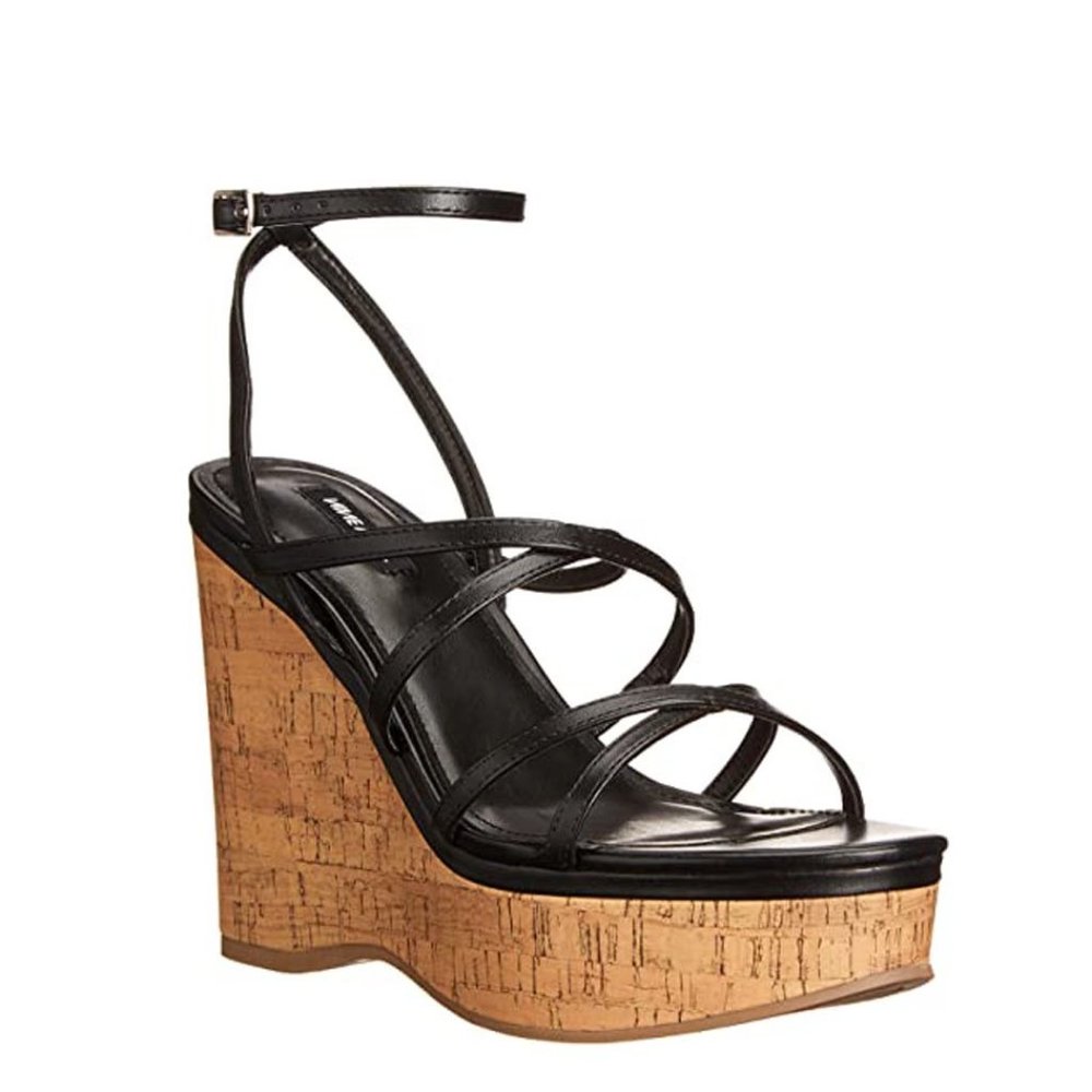 NINE WEST Women Adult sz 10 RACHAL3-BLK Black Strappy Wedge Sandal LIKE NEW